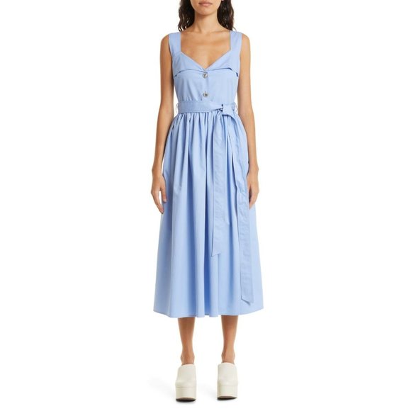 🆕 STINE GOYA Stina Belted Midi Dress Rhinestone Buttons Cotton Blue Medium